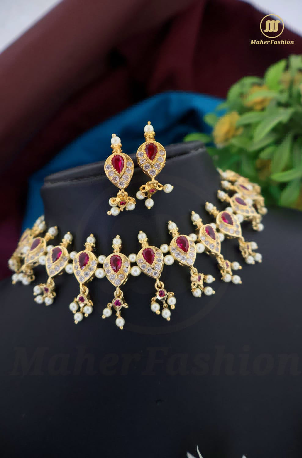 Chinchpeti Haar in 2 Strings with Pink & White Stone_Maherfashion